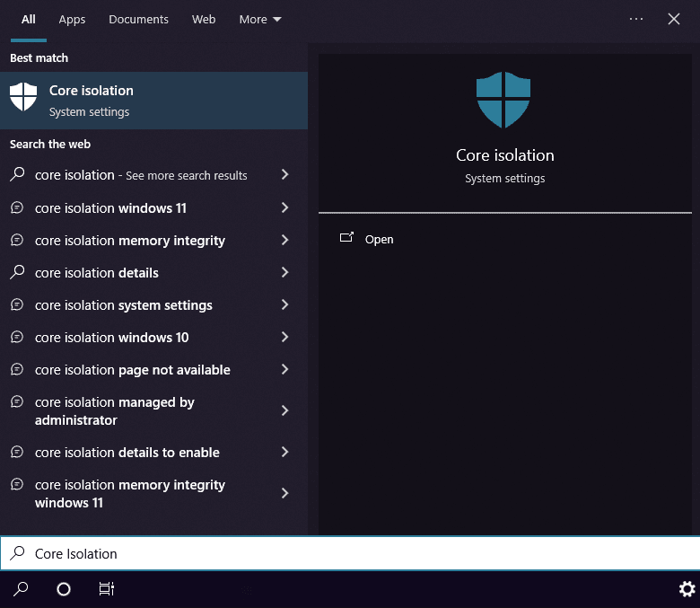 Windows search for Core Isolation