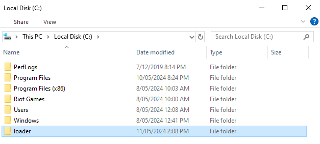 Extracted script folder on the C: Drive