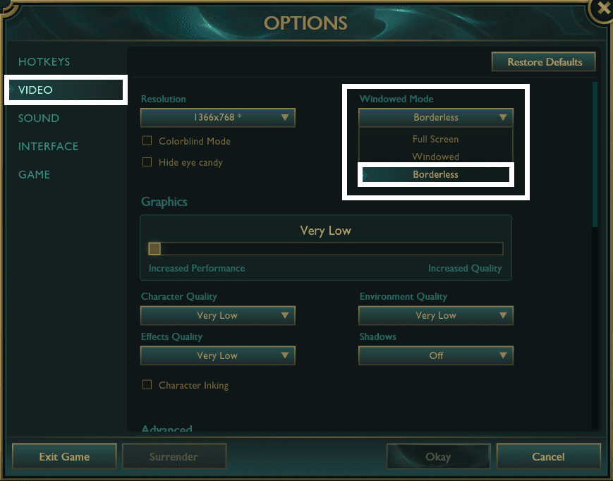 League of Legends video settings set to Borderless