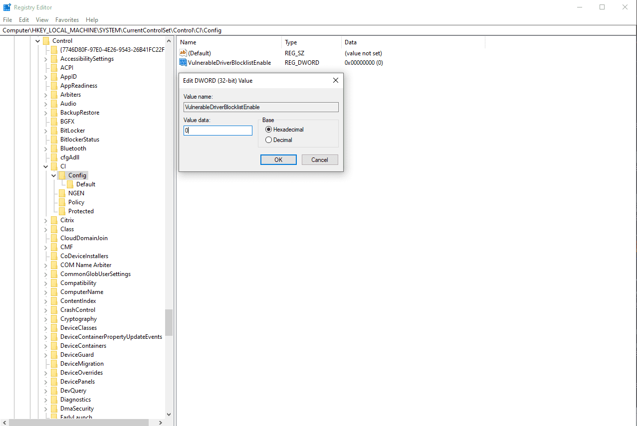 Setting the value data to 0 hexadecimal