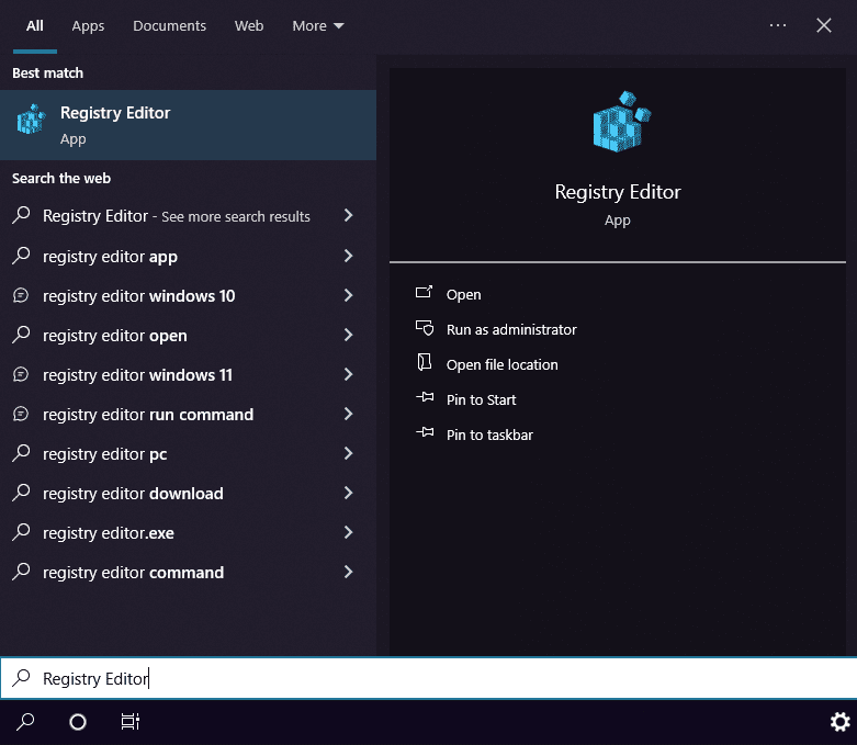 Windows search for Registry Editor