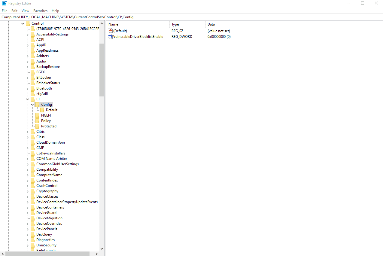 VulnerableDriverBlocklistEnable set to 0 in Registry Editor