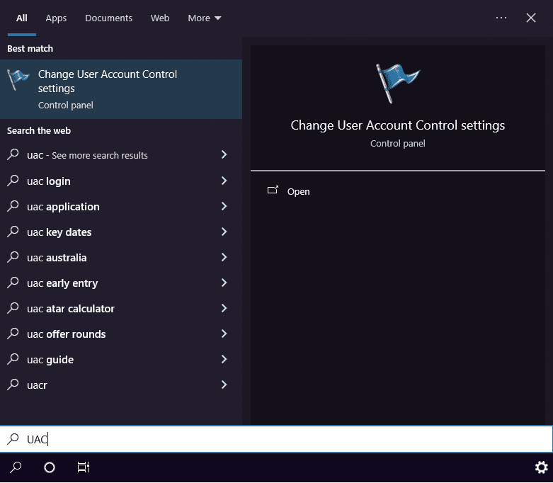 Windows search for Change User Account Control settings